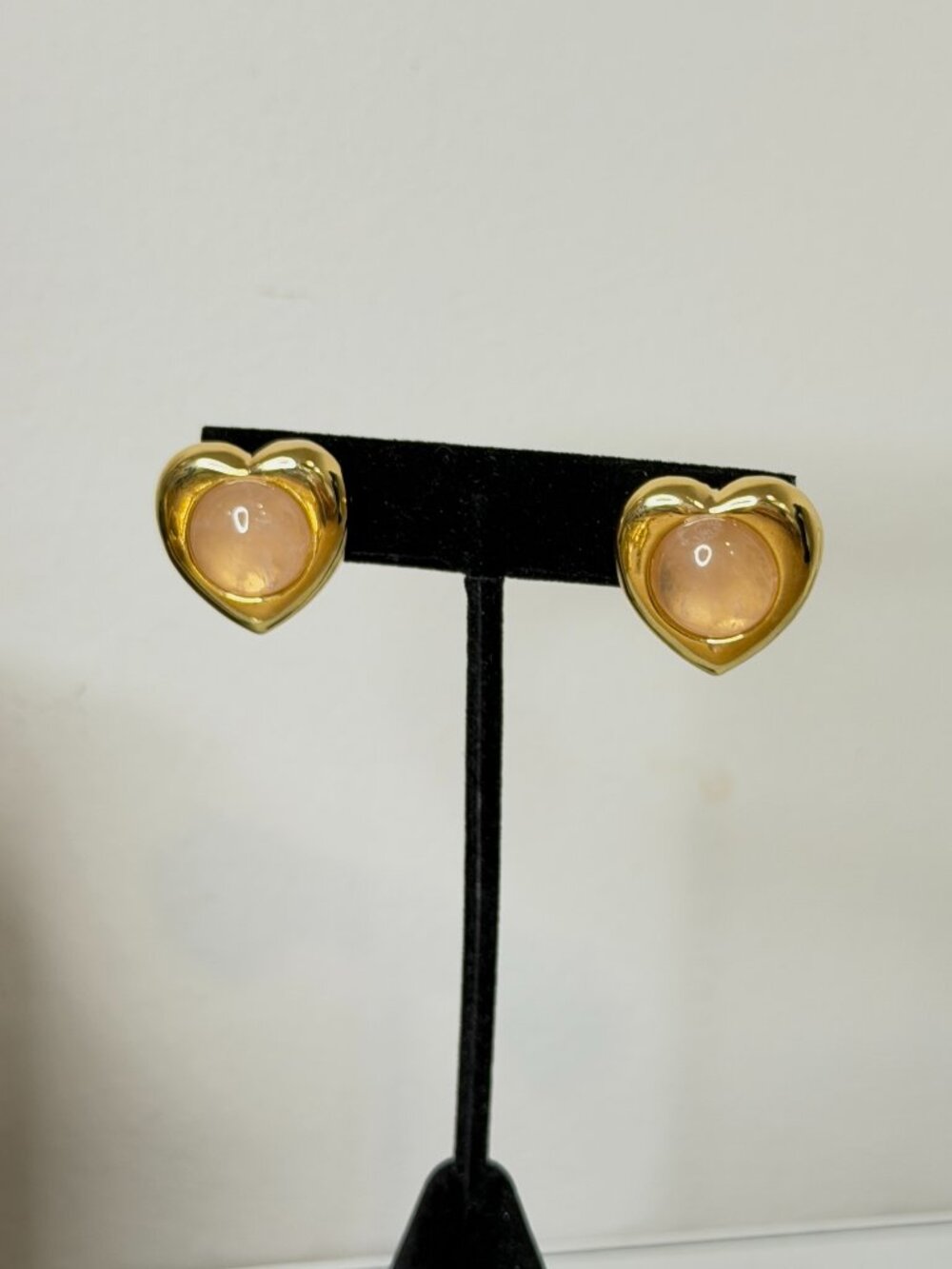 Gold Tone Heart Stud Earrings Pink Gem Vintage Style Romantic Statement Jewelry